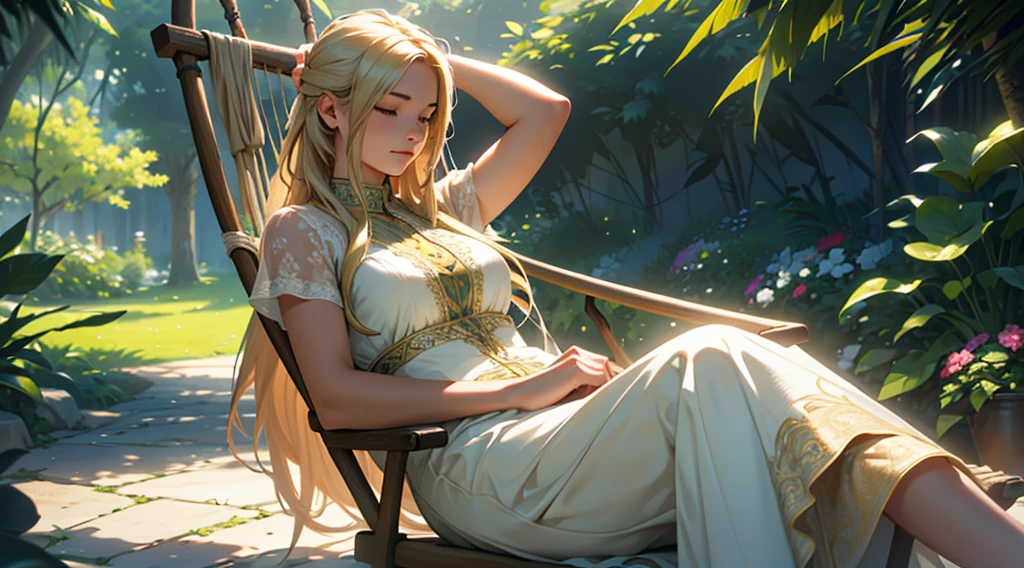 A beautiful young woman with long, flowing blonde hair relaxing in a hammock, peaceful expression, sunlit garden background, intricate details, cinematic lighting, dreamlike atmosphere, highly detailed, photorealistic, 8K
