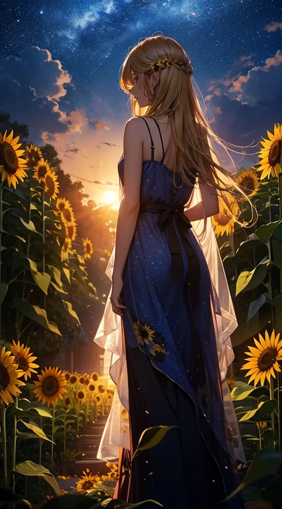 1people々々々々々々々々々々々々,Blonde long-haired woman,camisole, Dress Silhouette, Rear View,Space Sky, Sunflower flowers,Sunflower field,