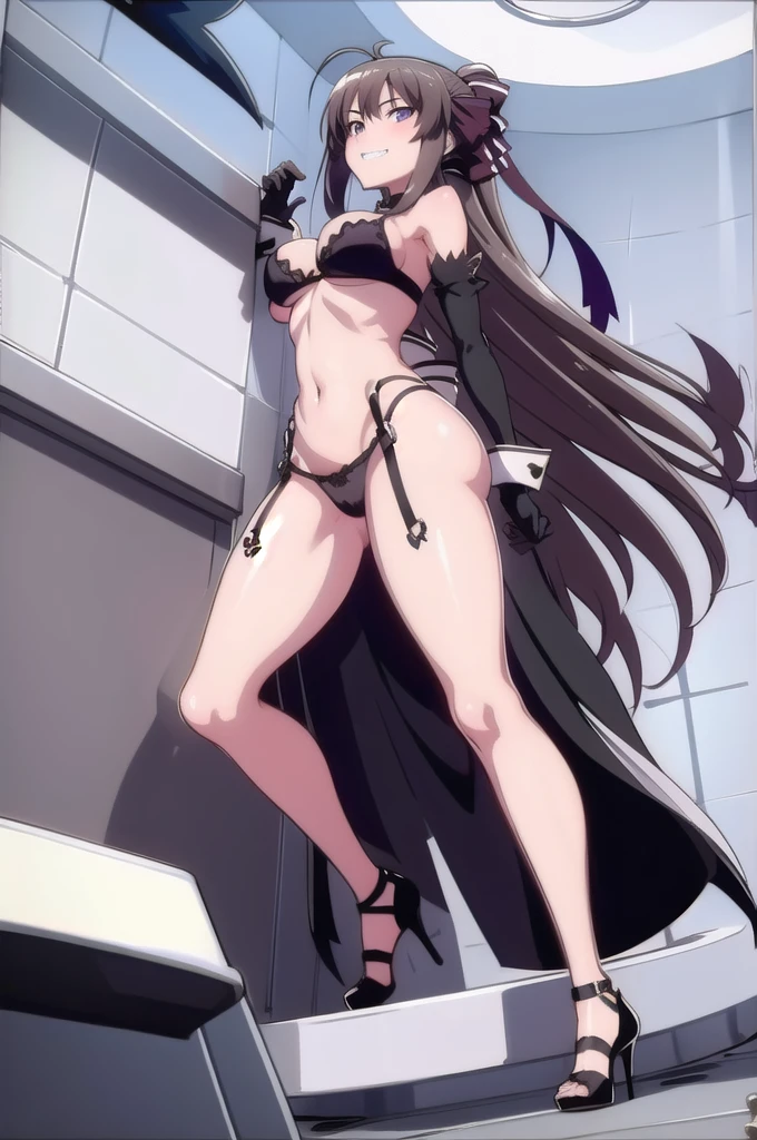 prison, bare shoulders, black bustier, black stockings, black g-string, black high heels, black garter belt, black elbow gloves, ((from below)), ((full body)), ((black high heels focus)), femdom, dominatrix, ((looking at viewer)), female standing, evil grin, 独奏,
 One girl,  Long Hair, Purple eyes,  chest,   Ahoge,   very Long Hair,   large breasts, ribbon,  hair ribbon, ponytail,  bangs, 
