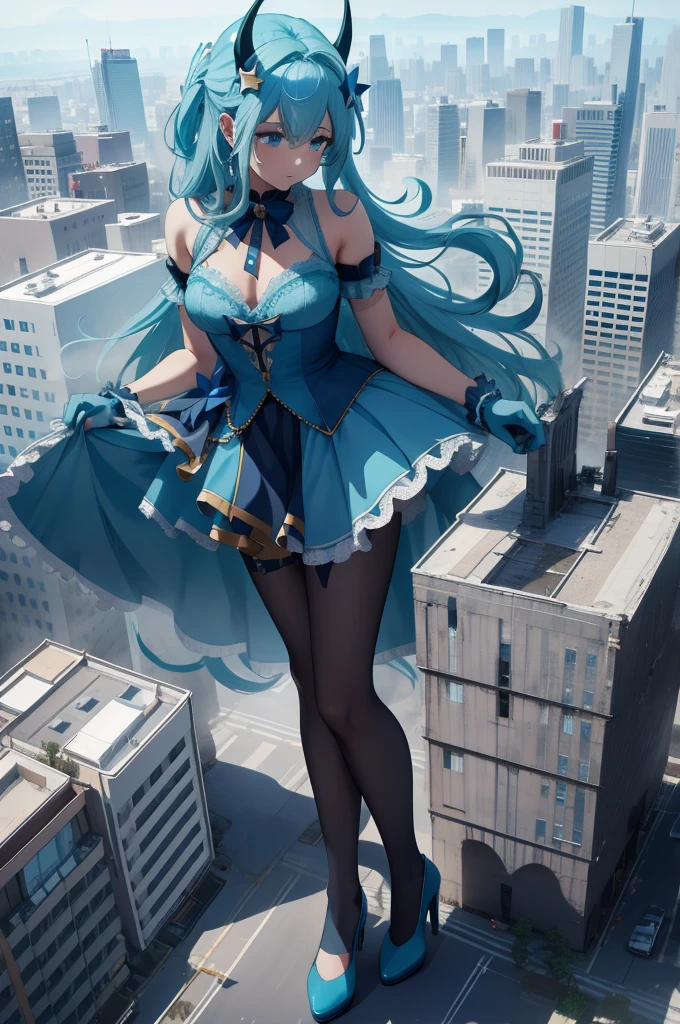 Aerial View，giant girl 50,000 feet high，Weight 1000kg，Has a pair of huge blue angel wings，With huge devil horns on his head，Has waist-length blue hair，loose hair，Blue wavy hair，cyan crown，Wearing a pair of cyan Mary Jane high heels，cyan lace gloves，Cyan lace pantyhose，Pantyhose with bow and star decorations，Cyan lace whole body，Standing upright on a small city，Beautiful appearance，Exquisite makeup，quality，8k，High quality，Perfect proportion, Cinema lighting，film grain，Fuji colors，8k，textured skin，Super details，high detail，high resolutionwhole body，feather, water priestess 