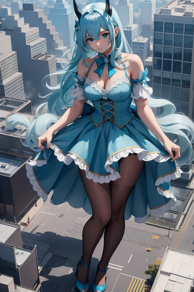 Aerial View,giant girl 50,000 feet high,Weight 1000kg,Has a pair of huge blue angel wings,With huge devil horns on his head,Has waist-length blue hair,loose hair,Blue wavy hair,cyan crown,Wearing a pair of cyan Mary Jane high heels,cyan lace gloves,Cyan lace hose,Pantywith bow and star decorations,Cyan lace whole body,Standing upright on a small city,Beautiful appearance,Exquisite makeup,quality,8k,High quality,Perfect proportion, Cinema lighting,film grain,Fuji colors,8k,textured skin,Super details,high detail,high resolutionwhole body,feather, water priestess