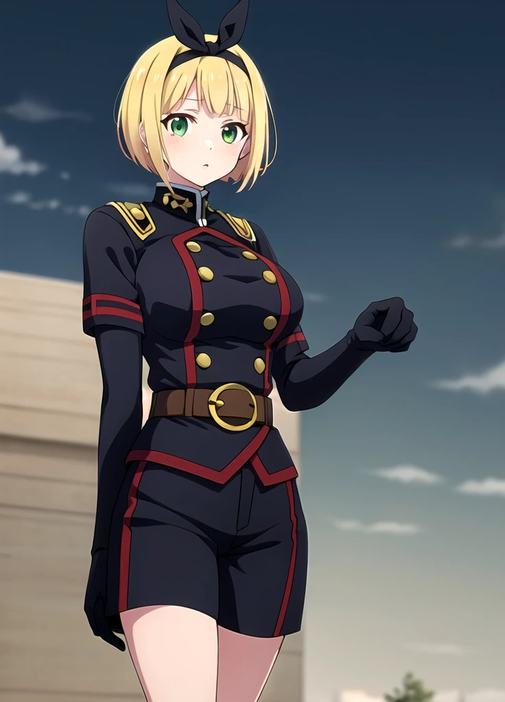 masterpiece, best quality, outdoors, Hands down, black sky background, uniform,  gloves, elbow gloves, belt, black gloves, shorts,  black shorts, Shushu Suruga, 1girl,  yellow hair, green eyes, looking at viewer, short hair, large breasts, hairband, bangs,