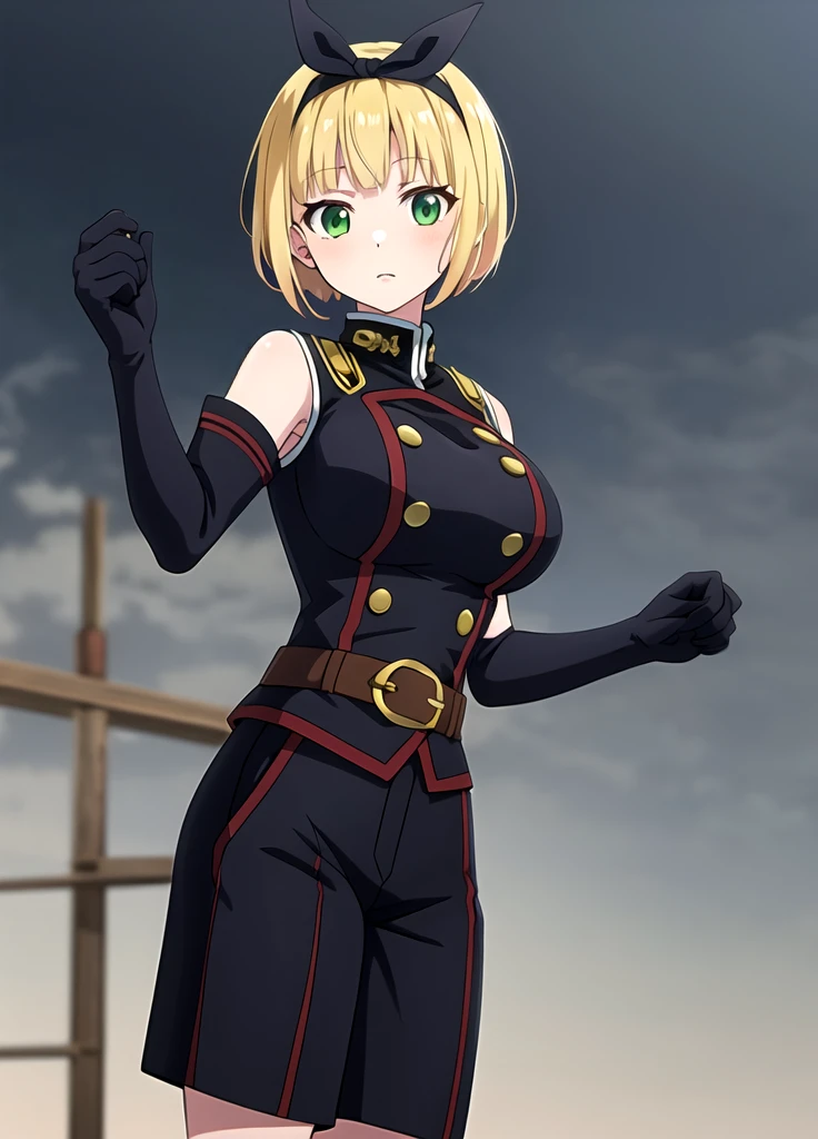 masterpiece, best quality, outdoors, Hands down, black sky background, uniform,  gloves, elbow gloves, belt, black gloves, shorts,  black shorts, Shushu Suruga, 1girl,  yellow hair, green eyes, looking at viewer, short hair, large breasts, hairband, bangs,