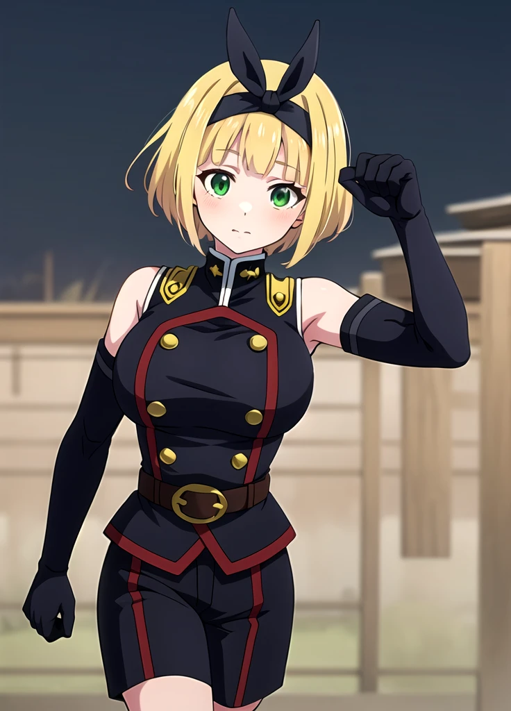 masterpiece, best quality, outdoors, Hands down, black sky background, uniform,  gloves, elbow gloves, belt, black gloves, shorts,  black shorts, Shushu Suruga, 1girl,  yellow hair, green eyes, looking at viewer, short hair, large breasts, hairband, bangs,