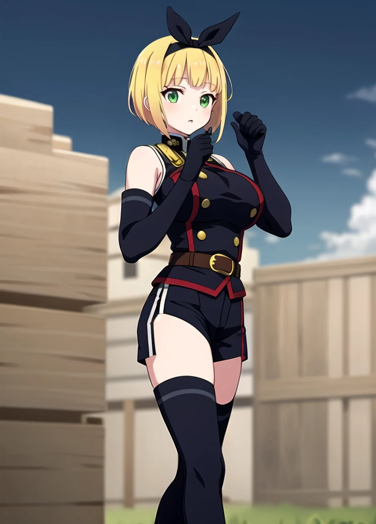 masterpiece, best quality, outdoors, Hands down, black sky background, uniform,  gloves, elbow gloves, belt, black gloves, shorts,  black shorts, Shushu Suruga, 1girl,  yellow hair, green eyes, looking at viewer, short hair, large breasts, hairband, bangs,