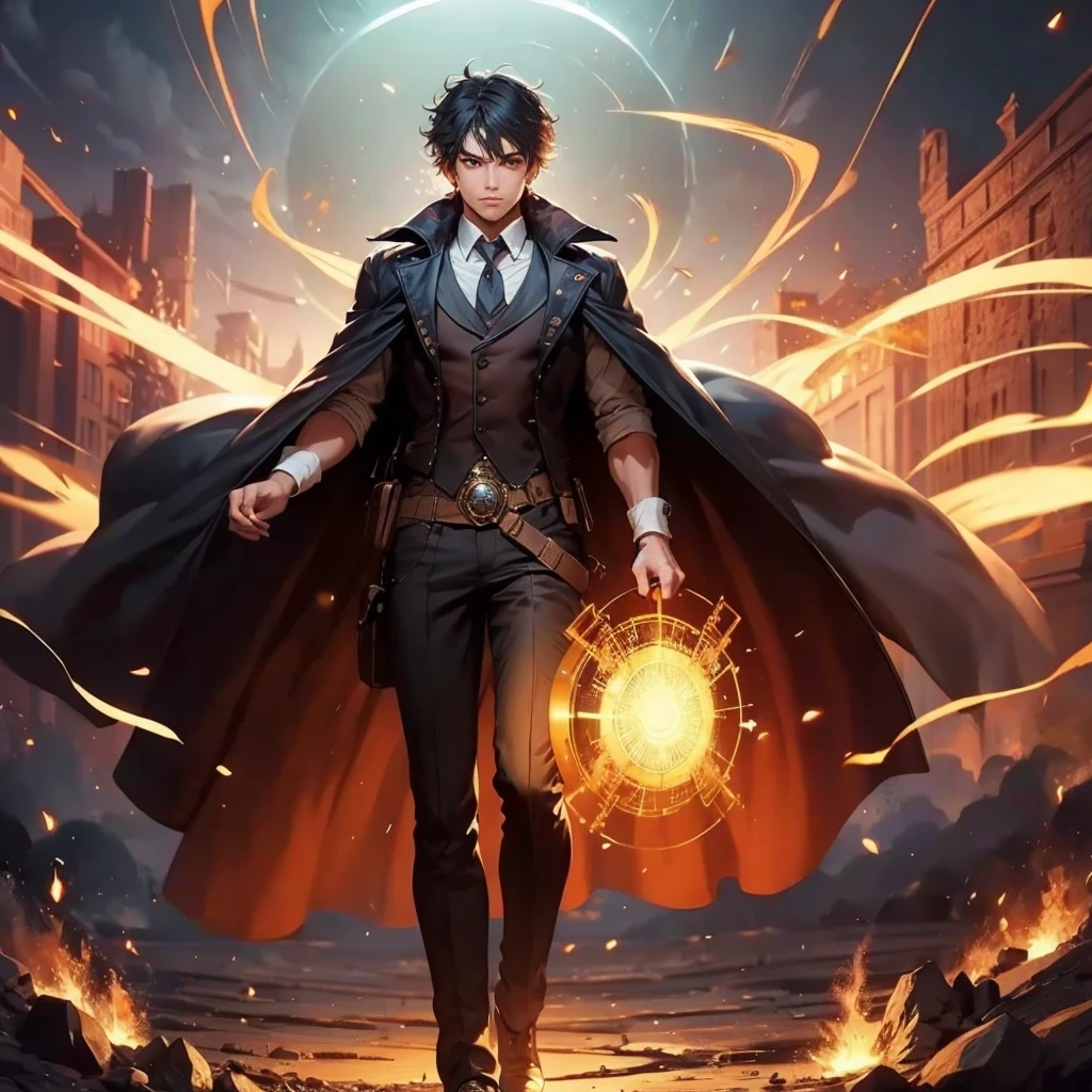 the guy holds a glowing ball in his outstretched hands, behind the guy are two curious girls, 