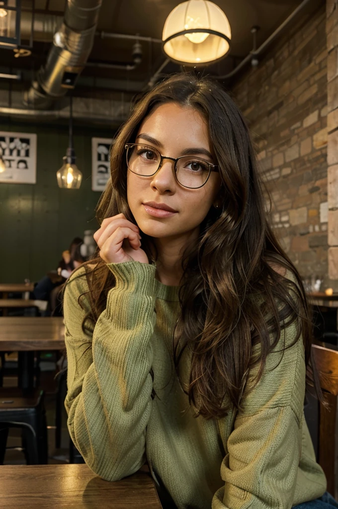 A young mixed race American woman with long, wavy light brown hair sitting in a modern restaurant. She wears a green knit sweater and large black glasses. The background shows the interior of an industrial style restaurant with exposed pipes and modern lighting. A golden dome-shaped lamp is positioned directly above her head, creating the illusion of a crown. She has a calm and composed expression, with one hand touching her face and the other resting on the table.