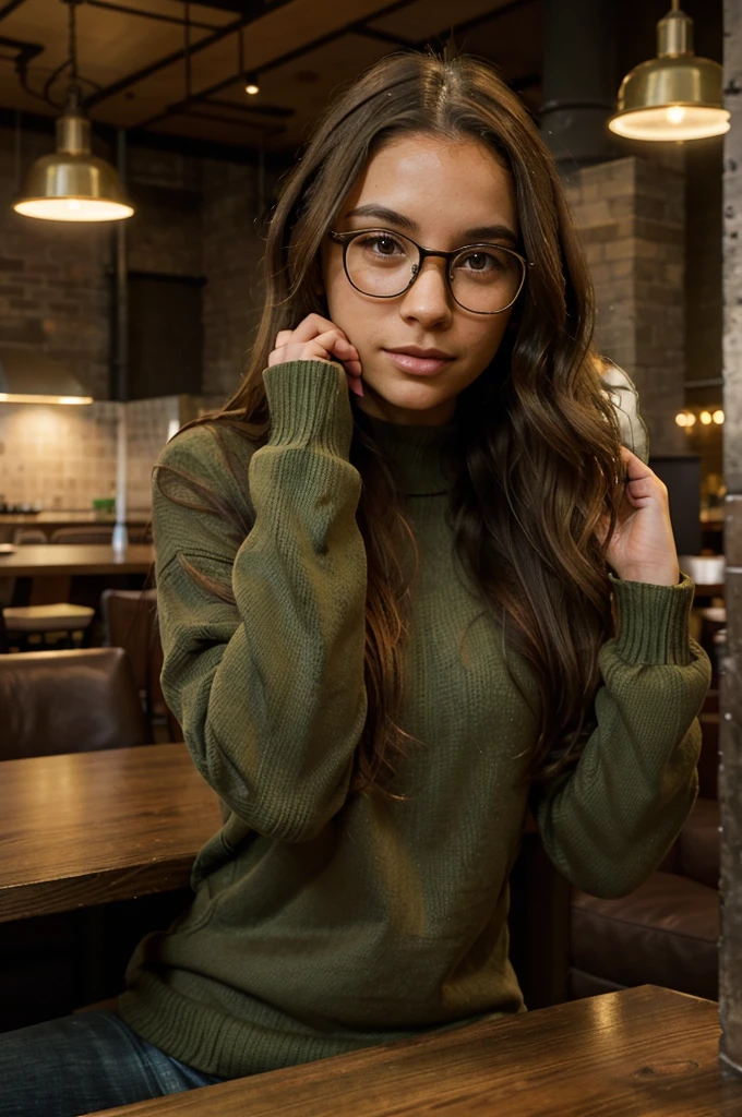 A young mixed race American woman with long, wavy light brown hair sitting in a modern restaurant. She wears a green knit sweater and large black glasses. The background shows the interior of an industrial style restaurant with exposed pipes and modern lighting. A golden dome-shaped lamp is positioned directly above her head, creating the illusion of a crown. She has a calm and composed expression, with one hand touching her face and the other resting on the table.