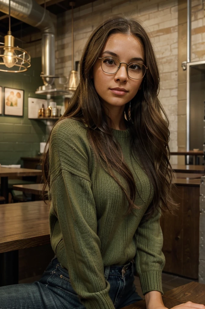 A young mixed race American woman with long, wavy light brown hair sitting in a modern restaurant. She wears a green knit sweater and large black glasses. The background shows the interior of an industrial style restaurant with exposed pipes and modern lighting. A golden dome-shaped lamp is positioned directly above her head, creating the illusion of a crown. She has a calm and composed expression, with one hand touching her face and the other resting on the table.