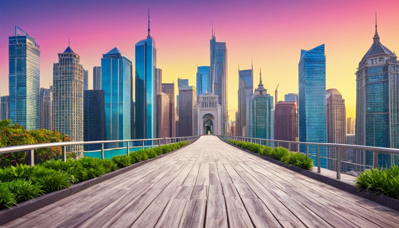 Illustrate a metaphorical pathway leading through a vibrant cityscape with skyscrapers, symbolizing the journey and challenges of entrepreneurship and business growth.