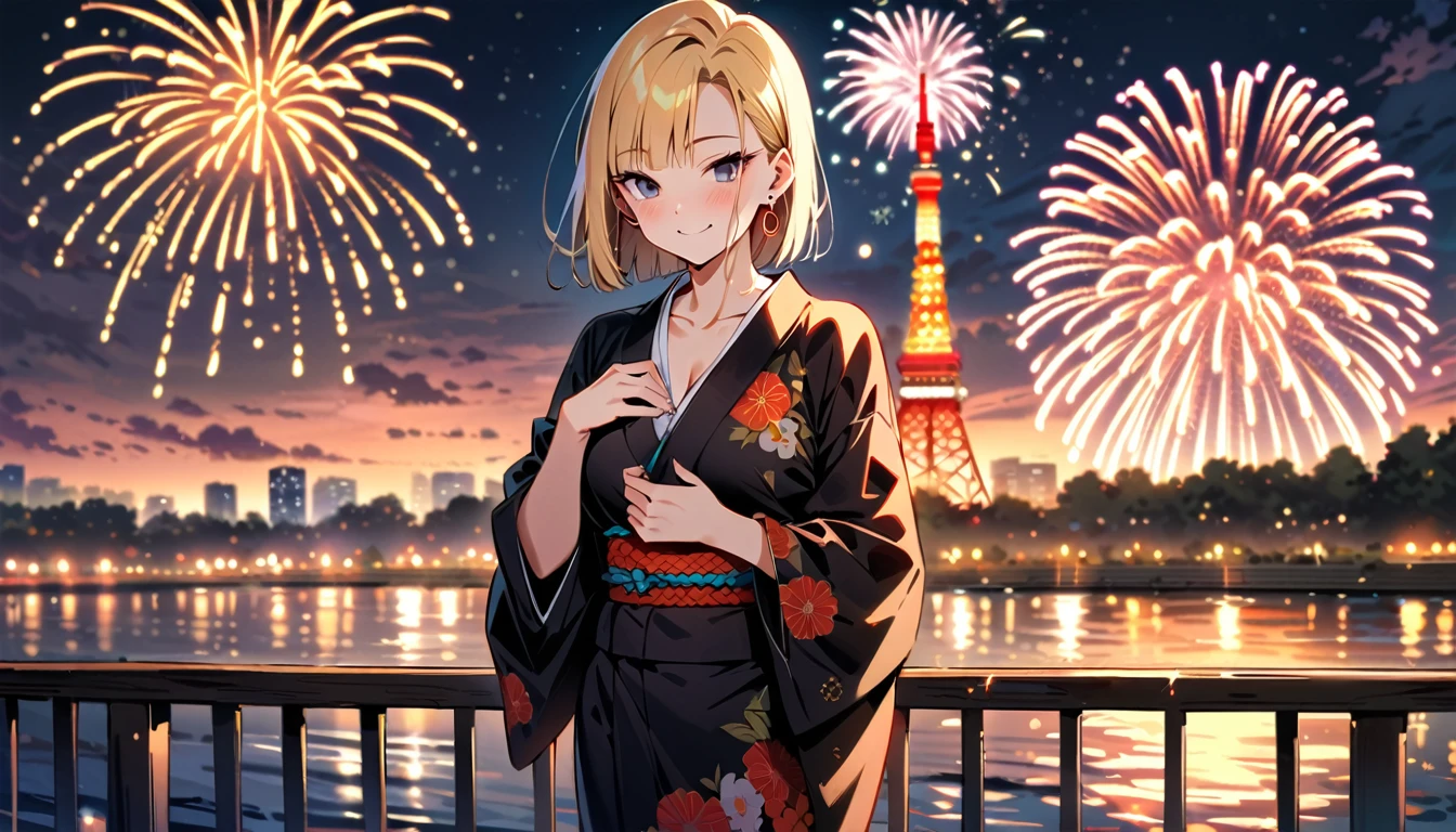 (masterpiece, best quality:1.2),1girl, (solo), Android 18 from Dragon Ball, ((floral print black Kimono)), medium breasts, blunt bangs, blonde short hair, (black eyes), earrings on earlobes, slim, slender feminine figure, skinny body, blush, magnificent view, blur background, 8K, Tokyo Tower, firework, collarbone, (Kimetsu no Yaiba), Demon, looking at fireworks, riverside, hands open, smile,