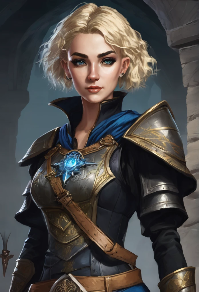 Necromancer Ranger Female, short curly hair blonde, medieval times, blue-grey eyes ,dark background
