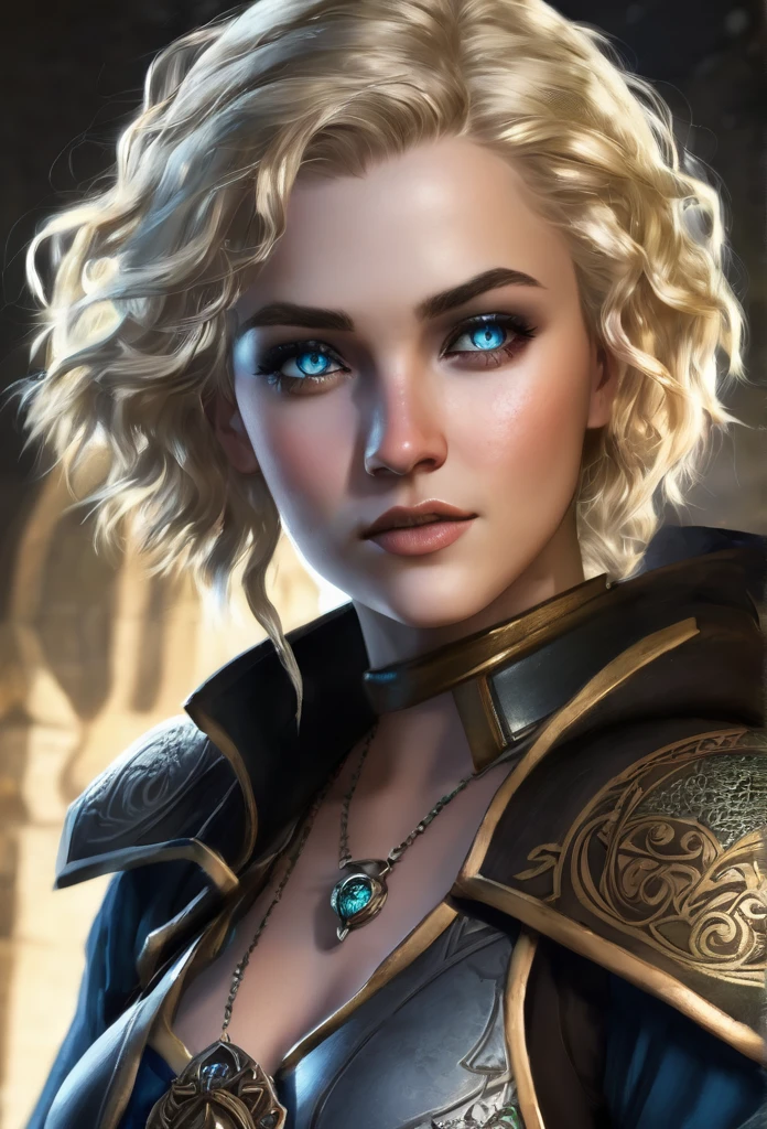 Necromancer Ranger Female, short curly hair blonde, medieval times, blue-grey eyes ,dark background 