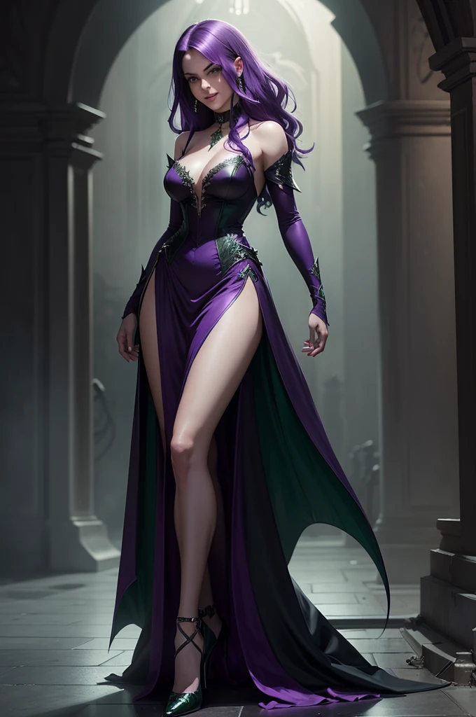 girl, full body, purple hair, green eyes, vampire, sharp canines, smiles, elegant green dress with slit, high heels, dramatic lighting, moody atmosphere, intricate details, photorealistic, 4k, high quality, digital art, concept art