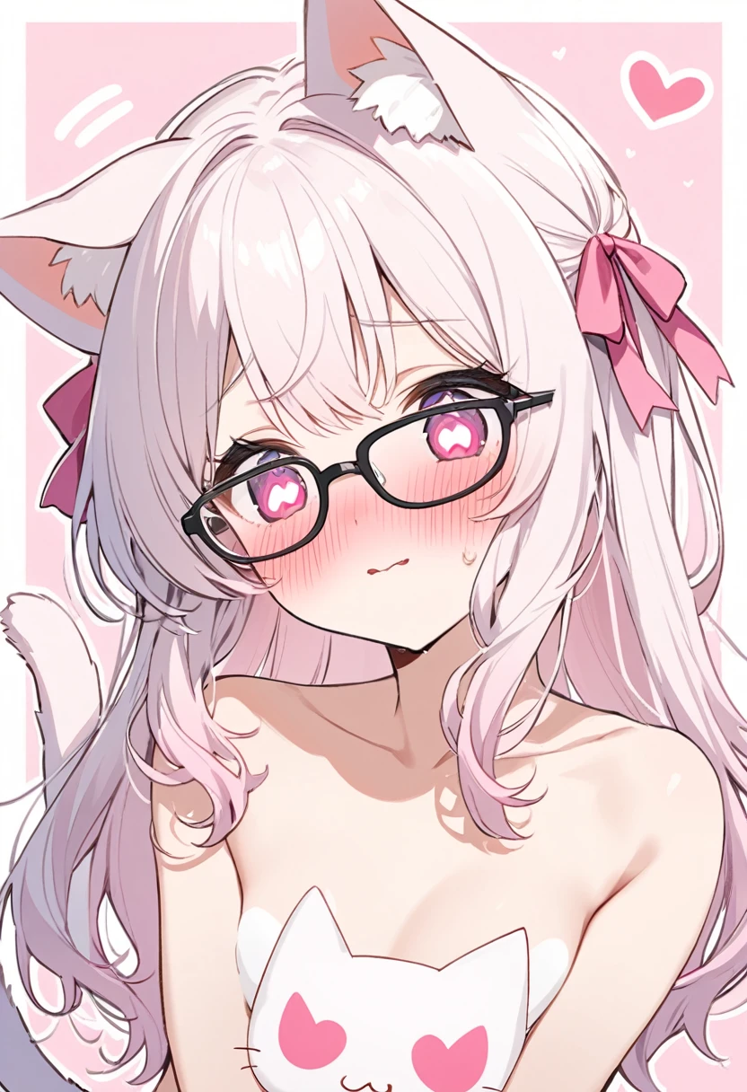 I have white pink hair, cat ears, a bow, a super blushing face, black glasses, pink heart eyes, and you are naked, a cat tail, a very shy girl.