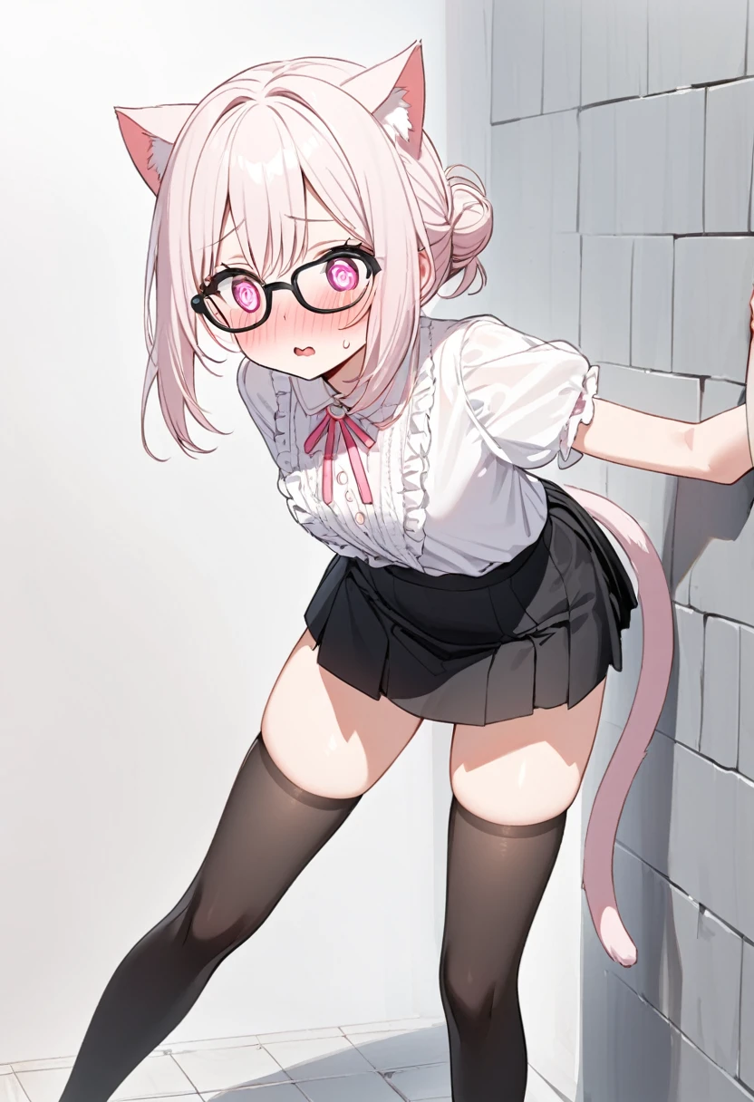 I have white pink hair, cat ears, a bun, my face is super blushing, black glasses, pink heart eyes, a blouse that reaches to my shoulders, a short black skirt, black stockings, white tennis shoes, a tail of cat a very shy girl who is glued to a wall with her butt
