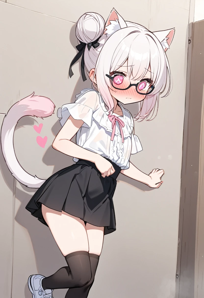 I have white pink hair, cat ears, a bun, my face is super blushing, black glasses, pink heart eyes, a blouse that reaches to my shoulders, a short black skirt, black stockings, white tennis shoes, a tail of cat a very shy girl who is glued to a wall with her butt