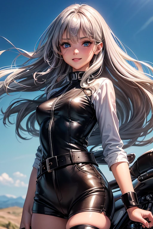 #Basics 
#女の子がphotographのポーズをとっている, ((One Girl)), (((Baby Face:1.2)) + ((cute:1.3))), 
女の子がphotographのポーズをとっている, ((One Girl)), (((Baby Face)) + ((cute)) + 16 years old), 
break 

#Clothing Accessories 
(White T-shirt + shiny black leather jacket + Shiny black leather shorts + Black belt + Shiny black knee-high boots)  
break 

#Features 
((Silver Hair:1.3)), (Curly hair), (Long Hair : Long Hair + Full hair + Hair blowing in the wind + Messy Hair),  
(Droopy eyes, blue eyes), (Very small ), 
break 

#background environment 
(noon, (Parking lot on a sunlit mountain pass, Large Motorcycle)), 
#Facial Expression Pose 
((smile), (Astride a motorcycle)), 
#composition 
((To the camera, Focus from below, Cowboy Shot)),  
break 

#Body parts elements Slim figure, 
(Detailed Hair, Beautiful Hair, Shiny Hair), 
(double eyelid, Long eyelashes), 
(Expression of fine eyes, Beautiful and delicate eyes, Sparkling eyes, Eye Reflexes, Glitter Eyeliner), 
(Human Ear), 
(Beautiful Nose, Thin Nose), 
(Glossy Lips, Beautiful Lips, Thick lips, Glossy Lips, Natural Cheeks), 
(Detailed face, Symmetrical facial features), 
(Detailed skin, Textured skin, Beautiful Skin, Glowing Skin), 
break 

#Quality Image Quality Common 
(((Highest quality)), ((masterpiece)), ((Very detailed))), ((High resolution)), ((16K,1080P)), 
(Anatomically correct), (Realistic), (3DCG), 

#Quality image illustration 
((comics, anime)), CG illustration, 
#Quality image quality realistic 
#(photo-Realistic:1.37), (Photorealistic), ((RAWphotograph)), (photograph), 
