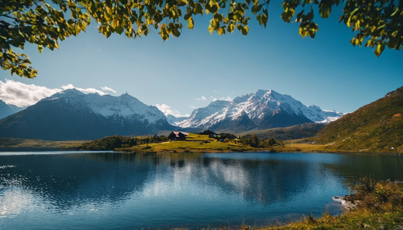 cinematic photo of a mountain range with a lake and a house 35mm photograph, film, bokeh, professional, 4k, highly detailed