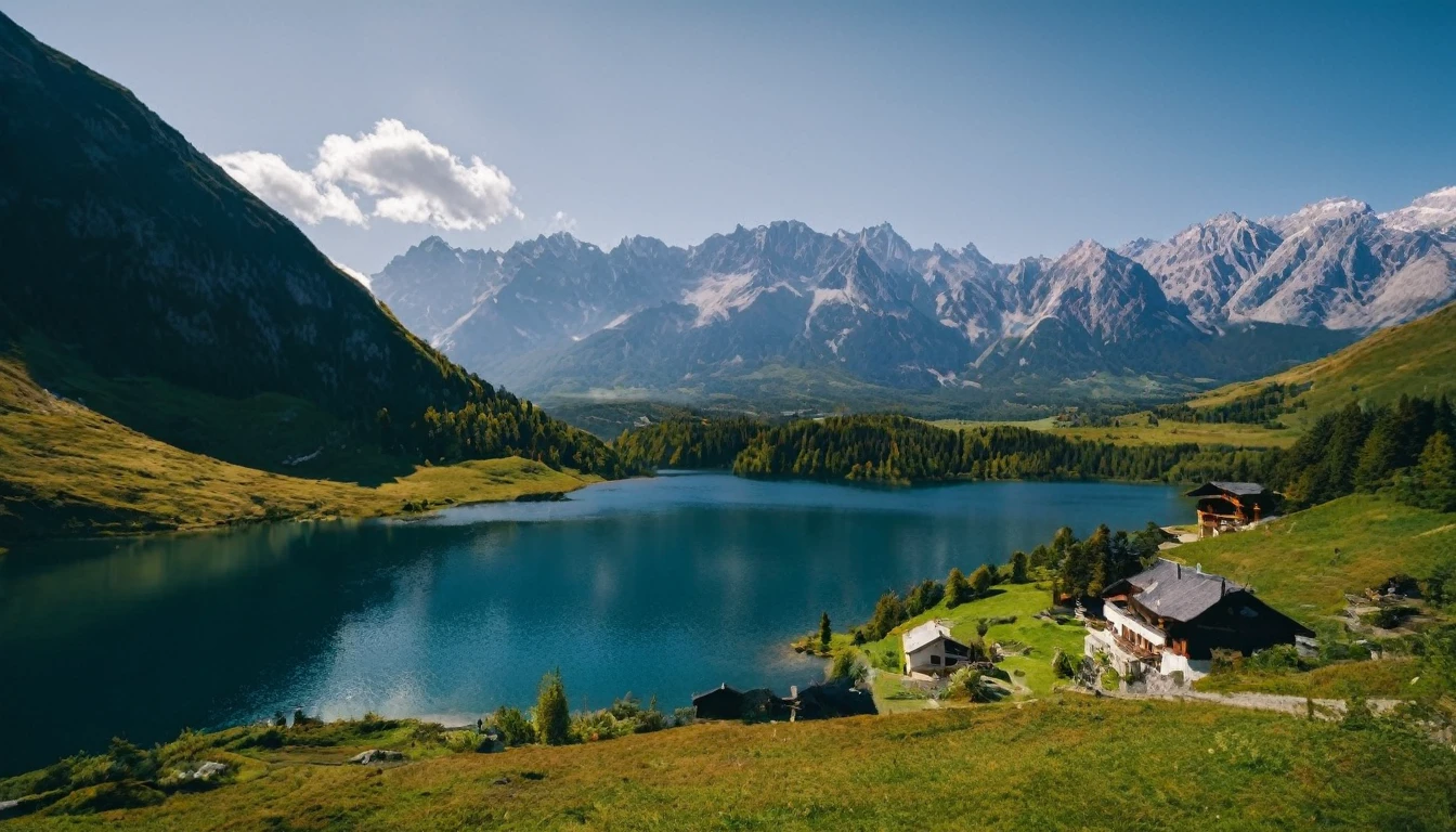 cinematic photo of a mountain range with a lake and a house 35mm photograph, film, bokeh,  professional, 4k, highly detailed