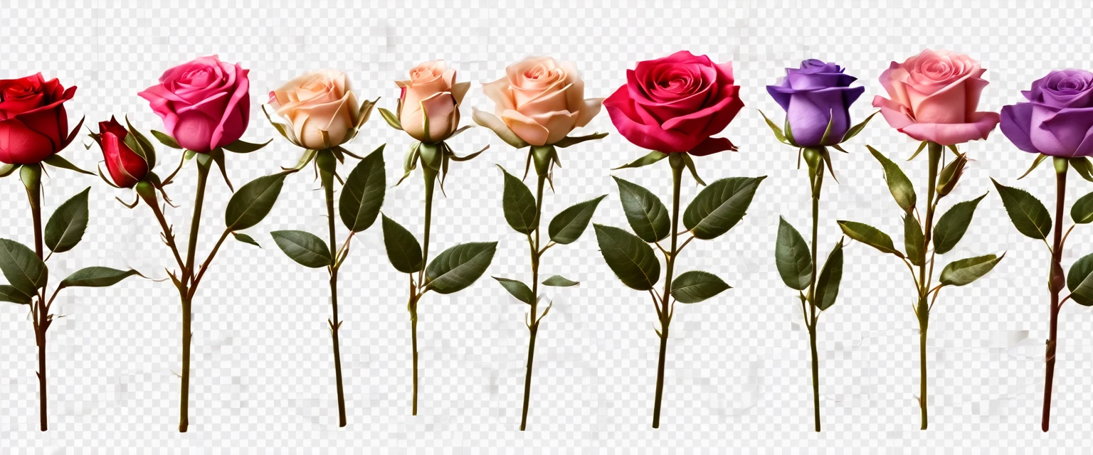 Collection set of red pink cream lavender violet stalk of rose roses flower floral top view on transparent background cutout, PNG file. Mockup template artwork graphic design