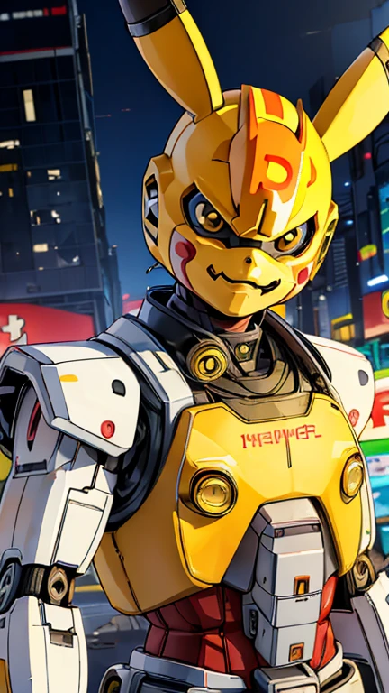 (8k),(masterpiece),(Japanese),(8--old ),((innocent look)),((Childish)),From the front,smile,cute,Innocent,Kind eyes,Flat chest, yellow helmet, yellow domino mask, white mask,Pikachu, bald,no Hair,cyberpunk Tokyo City,mecha,camisa, Ringo! style, superhero 