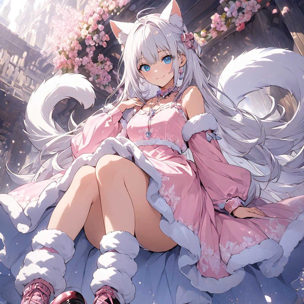 *8k Masterpiece, Top Quality, Best Quality, Official Art, (Beauty and Aesthetics: 1.3), Extremely Detailed, (Fractal Art: 1.3), white hair. female. blue eyes. cat ears. cute soft smile. fluffy cat tail. pink dress. leg warmers with big shoes. 