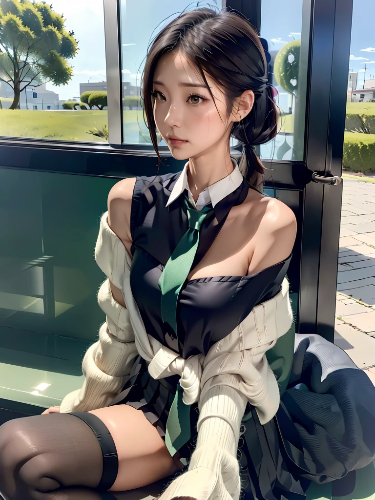 40-year-old Japanese woman、Black Hair、The hair is very short、Twin tails、HatsuneMikuDefaultCostumeLora, cosplay, black skirt, detached sleeves, shirt, sleveeless shirt, black thighhighs, necktie, sleeveless, pleated skirt, bare shoulders, hair ornament, collared shirt, grey shirt, black sleeves, miniskirt, boots, green necktie, black boots, tie clip, wide sleeves headphones、flat chest、Realistic photos、Realistic、8K quality、tall、No bangs、ID photo