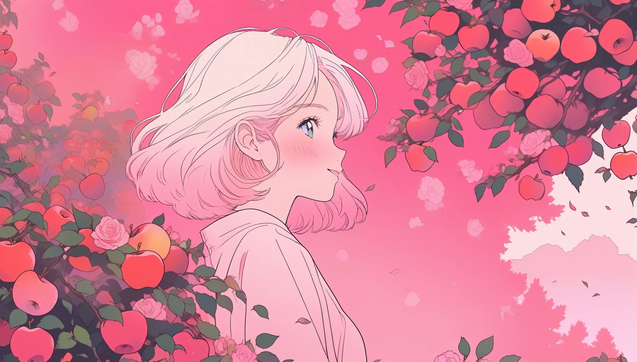ilustrador, Japanese cartoons , Practical ,sketch , 1 Girl,Smile,Apple picking ,lips, Order, pink gradient background, There are many apples on the rose trees around,Neon hair,Texture cropping, Canada, (In the flowers,best quality),16:9 Landscape screen,