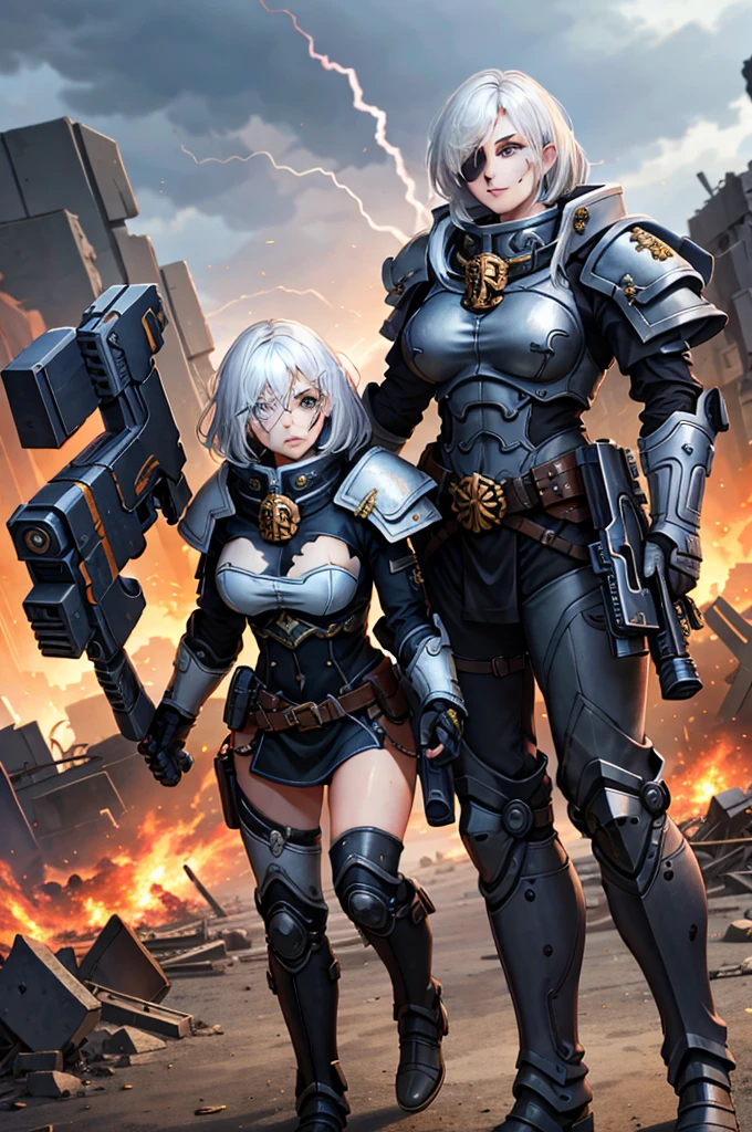 ​masterpiece:1.2), (best quality:1.2), perfect eyes, perfect face, perfect lightning, 1 girl, mature sororitas with a laser gun in their hands, Scar above one eye, roter Wappenrock, white hair, warhammer 40k, chaos, 火, Science-Fiction, detailed background of the destroyed city, heavy power armor, shorth hair, torn dirty coat, eyepatch