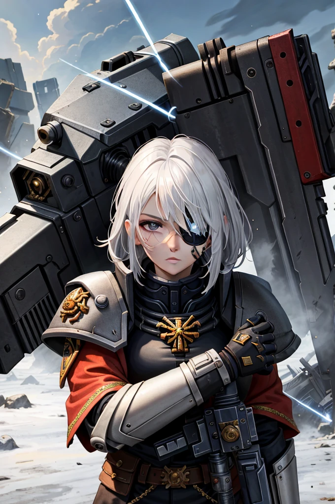 masterpiece:1.2), (best quality:1.2), perfect eyes, perfect face, perfect lightning, 1 girl, mature sororitas with a laser gun in their hands, Scar above one eye, roter Wappenrock, white hair, warhammer 40k, chaos, 火, Science-Fiction, detailed background of the destroyed city, heavy power armor, shorth hair, torn dirty coat, eyepatch