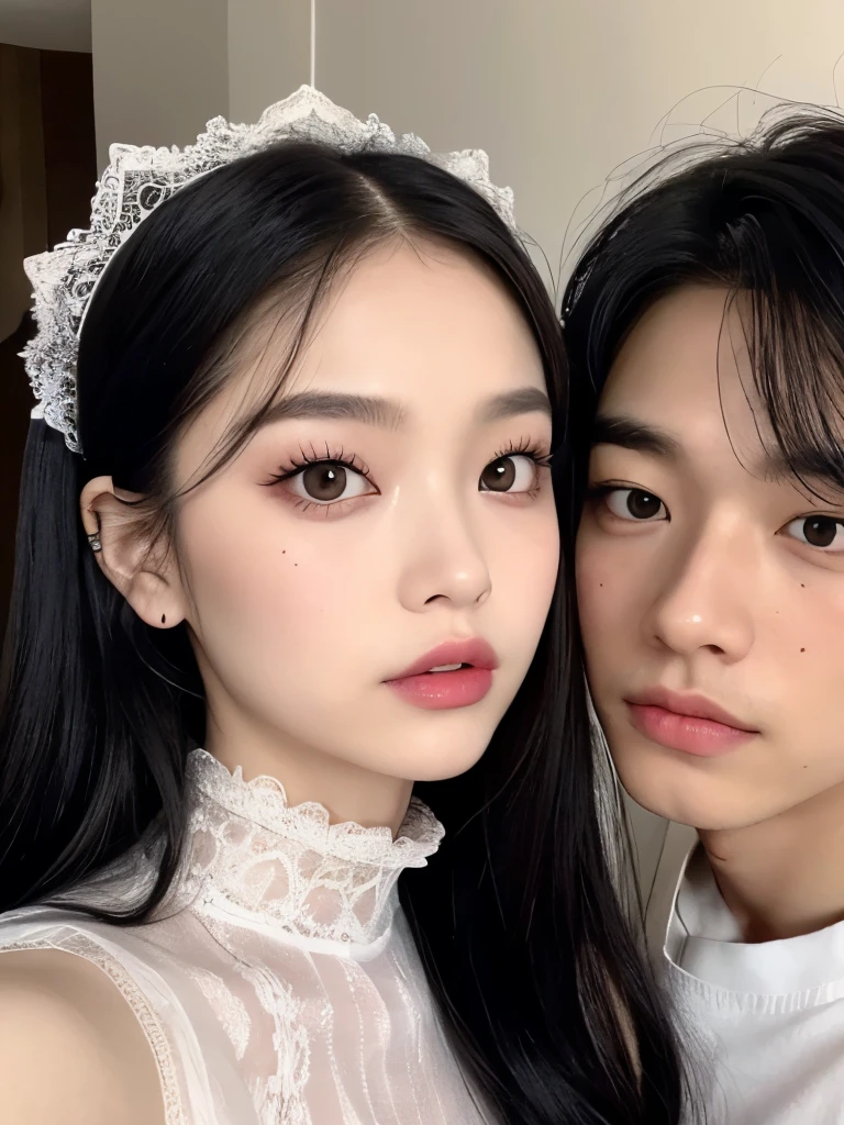 Kim Jennie with dark black hair, with curlers at the ends of dark black hair, with a star clip in her dark black hair, light colored eyes, pretty eyes, crying eyes, pretty, upturned nose, Pretty lips, pink lips, heart and cupid shaped lip, pretty skin, Pale and white skin, with moles and freckles all over his face, soft pink blush on the cheeks, natural pink blush, dark and gothic makeup, Gothic Jennie, while she is with a cute boy by her side, with a cute asian boy standing next to her, while there is a man's torso, while the man'His hand is on her jaw., beautiful man's hands, with a gothic boy, nice collars, marked collar, frown, angry look, with a kiss necklace, a pretty kiss necklace, while showing her naked breasts, while her nipples have two pink paper hearts, She has nipples with pink paper hearts (big breasts, soft breasts, nice breasts, natural breasts), with a boy by his side, with her boyfriend, looking to the camera, autophoto