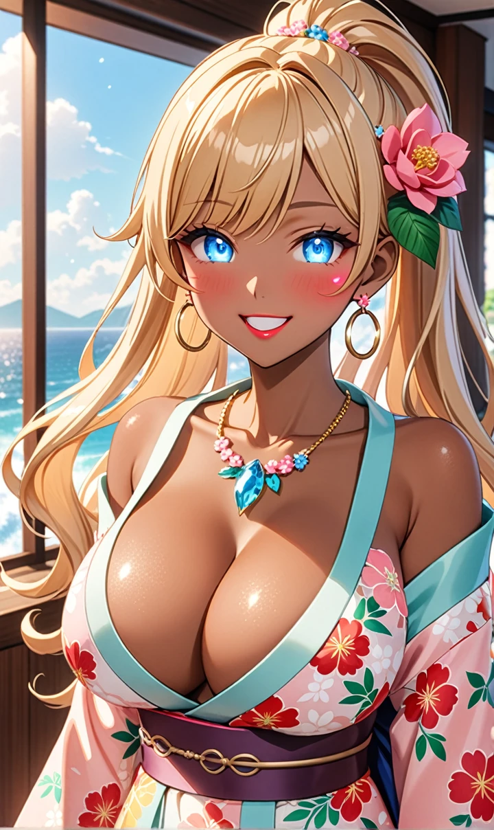 ultra-detailed, ((one girl)), ((tan skin:1.4)), in pastel colors gyaru, (heavy makeup), (professional lighting), high brightness, hyper detailed, absurdres, 8K, Beautiful Face, (Laugh shyly), ((teasing smile)), ((sweat)), ((Wink:1.5)), (Laugh with your mouth wide open),((Tilt your face:1.6)), View your viewers, ((Bright red cheeks:1.6)),Glossy Red Lips, ((Big Breasts:1.6)),  ((undressing:1.2)),(Exposed nipples), noon, An open, luxurious hotel with sea views, Foliage plant, ((Anime style background)),masterpiece, Highest quality, so beautiful,Latest, Complex details, ((Neon pink long nails)), (nail art), (ring),(bracelet), (Floral Choker),AI-generated, Complex,High resolution, Highest quality, super high quality,3D Images、3D Images,One person,Blonde long hair,(High Ponytail), (wavy hair:1.3), Blonde anime woman posing for a photo, ((Fine grain、blue eyes、glowing eyes:1.4)), (Squint your eyes:1.1),a hyperRealistic , hyperRealistic , Realistic,Anime woman with long pastel yellow hair, Smooth anime CG art, A girl in a gorgeous pastel-colored kimono,  ((Pastel-colored furisode)),(Pink large floral pattern), Long flower hair ornament,Floral Earrings, Mature Body, tall,Narrow waist,  ((all fours:1.2)),on bed, from side,(Get closer to your audience),