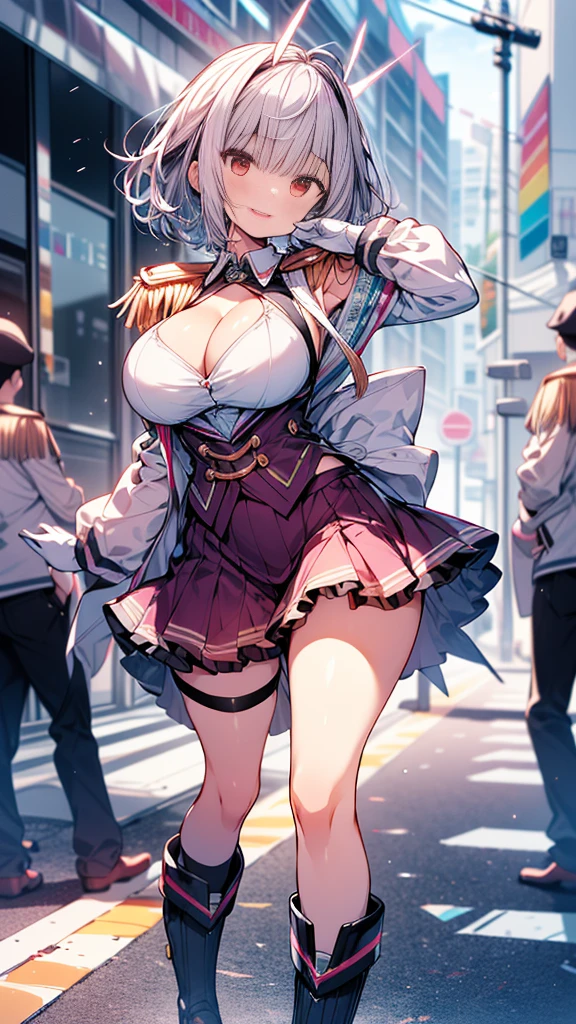 (whole body),masterpiece, Highest quality, High resolution, ((Squat，girl座り))，1 person，girl, short hair, Hello, Red eyes, Large Breasts, Cleavage, Epaulettes, White gloves, - Elbow hand pockets, Purple Skirt, Knee socks, Cowboy Shot, (Pose in front)，straight, street，