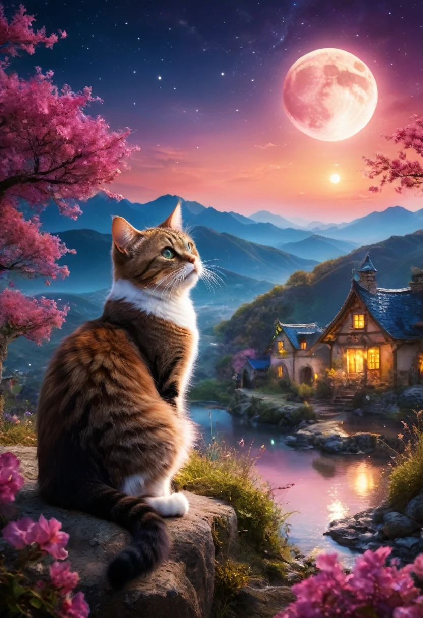chat, moon, Cat, In the landscape, Magical atmosphere, mystery,(Highest quality, High resolution,Very detailed,Realistic:1.2),Bright colors, Sharpness, High resolution, Fantasy, Magical Landscapes, Glossy crystals, Great lighting, Sublime Beauty, mystery的な闇, ambiance surRealistic, A fascinating sight.