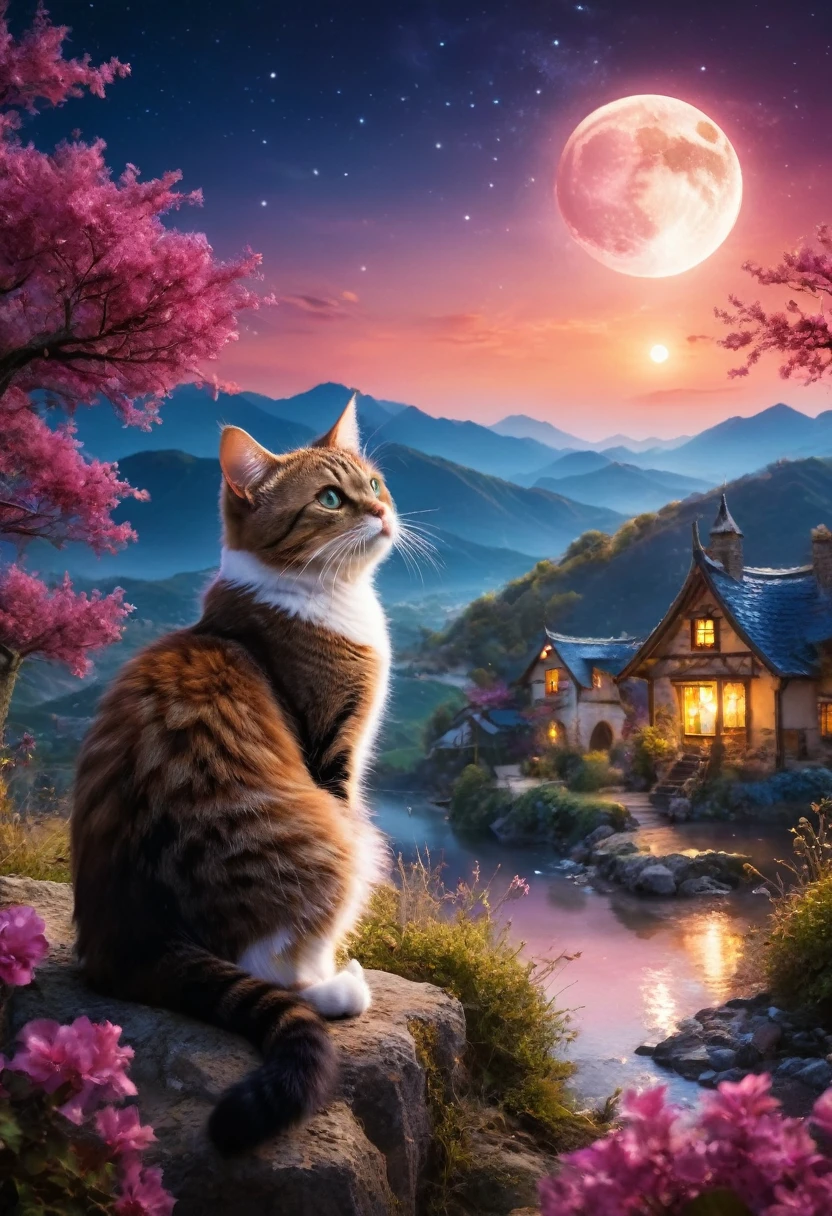 chat, moon, Cat, In the landscape, Magical atmosphere, mystery,(Highest quality, High resolution,Very detailed,Realistic:1.2),Bright colors, Sharpness, High resolution, Fantasy, Magical Landscapes, Glossy crystals, Great lighting, Sublime Beauty, mystery的な闇, ambiance surRealistic, A fascinating sight.