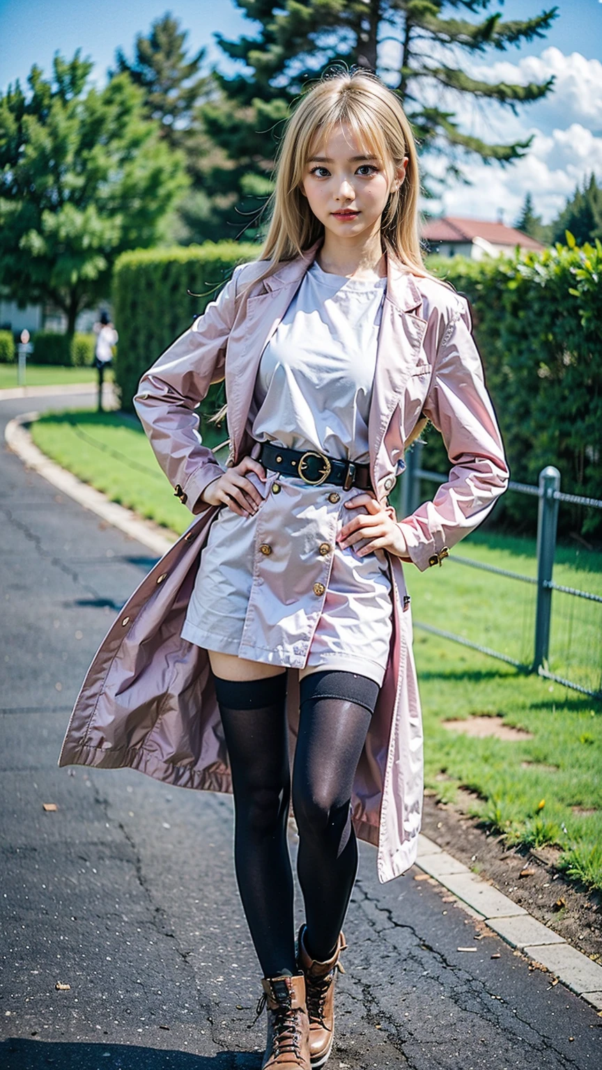 (8k、RAW Photos、Highest quality、masterpiece:1.2)、(Realistic、Realistic)、1 girl、((mini skirt、Blonde、pink long coat、黒one piece、Thin legs、whole body、boots、one piece、tights、garden、View from the front、Looking into the camera、Stand with hands on hips))、cute