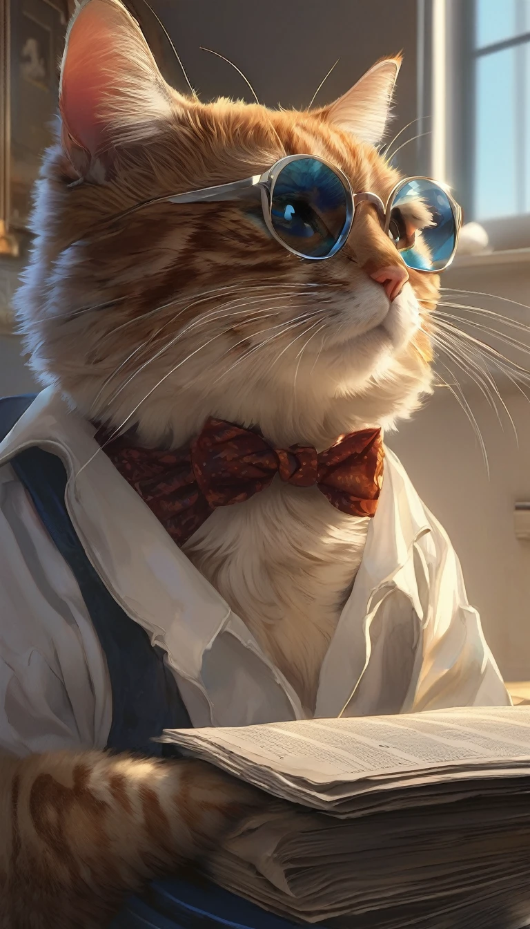 (Highly detailed CG Unity 8k wallpaper、masterpiece、Highest quality、Very detailed)、(Best lighting、Best Shadow、Very delicate and beautiful)、Highest quality、8k、Detailed facial depiction、masterpiece、Highest quality、Crisp image quality、 Cartoon cat wearing glasses reading a newspaper。, Abstract Portrait, Pop Art Painting