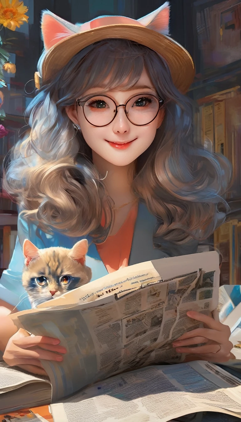 (Highly detailed CG Unity 8k wallpaper、masterpiece、Highest quality、Very detailed)、(Best lighting、Best Shadow、Very delicate and beautiful)、Highest quality、8k、Detailed facial depiction、masterpiece、Highest quality、Crisp image quality、 Cartoon cat wearing glasses reading a newspaper。, Abstract Portrait, Pop Art Painting