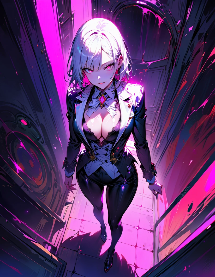 Young beautiful woman,(Highest quality,Extremely detailed depiction,Incredibly absurd high resolution,Anatomically accurate depiction,Curvy Legs),(Glowing Skin,Shiny skin),(Royal suit,Butler-style outfit,Tight fit),eyelash,Flashy makeup,eye shadow,Glowing pink eyes,There is cleavage in the chest,Glossy Lips,Shadowed face,A seductive smile,whole body,Standing posture,background:Rooms,From above:1.1,