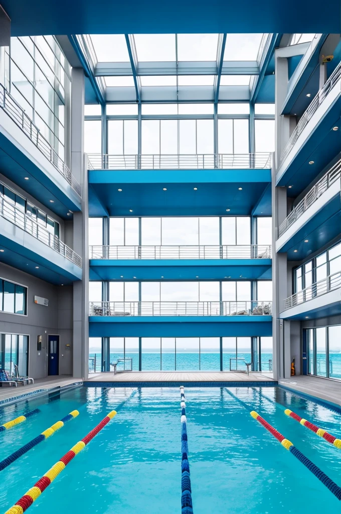 The high dive platform looms above you, its sleek metal structure contrasting against the calm blue waters of the indoor pool. You can almost feel the adrenaline rush as you imagine yourself standing at the edge, ready to make a splash.