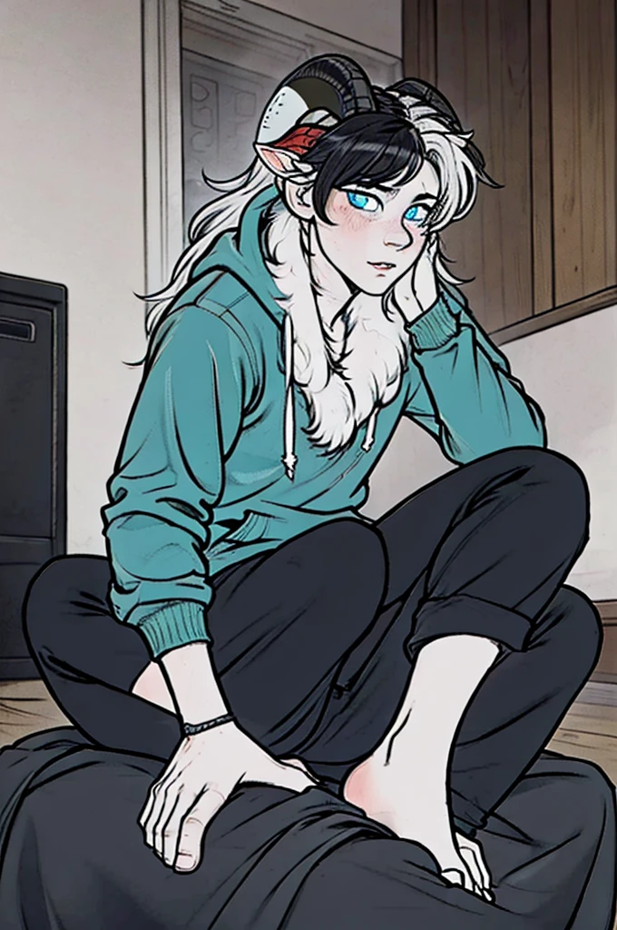 Age: 7
Gender: Male
Courier have one long white hair like fur an pair of long goat horns,blue eyes and he wear an green hooodie, one black pant and he have animal paws on his foot