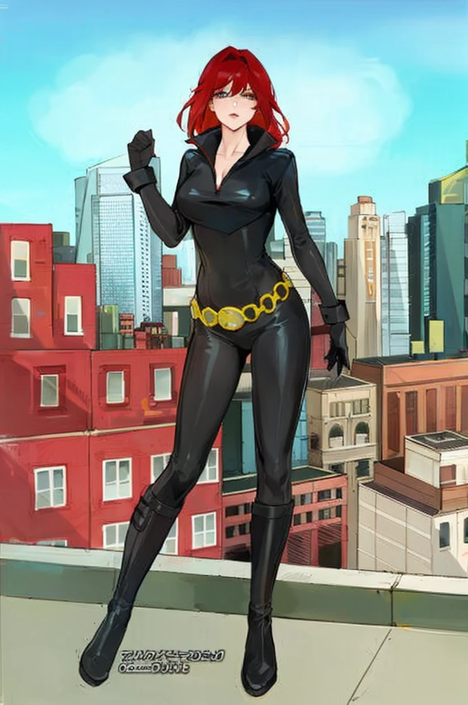 The image depicts a woman with red hair. She is clad in a sleek skin-tight shiny black latex bodysuit with a deep-cut zipper neckline revealing a large chest
 which is accentuated by a yellow belt, and her attire includes black gloves, boots, and wrist guards. She is posed on a rooftop, her gaze cast over a cityscape painted with buildings in varying shades of red, orange, and tan under a serene blue sky dotted with a few clouds. 