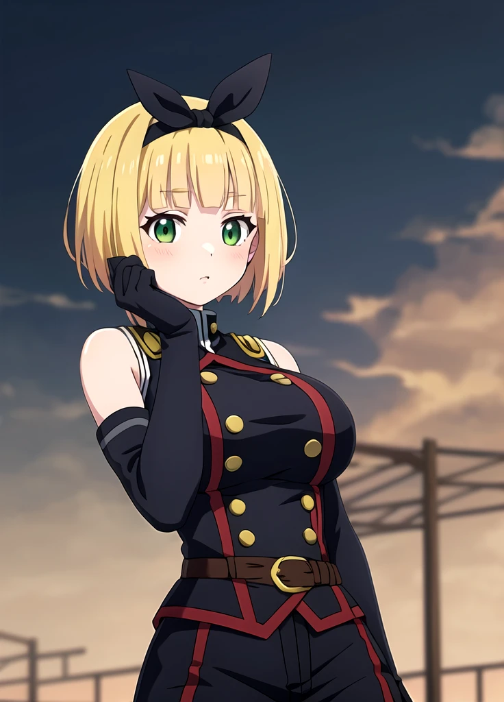 masterpiece, best quality, outdoors, Hands down, black sky background, uniform,  gloves, elbow gloves, belt, black gloves, shorts,  black shorts, Shushu Suruga, 1girl,  yellow hair, green eyes, looking at viewer, short hair, large breasts, hairband, bangs, hands down