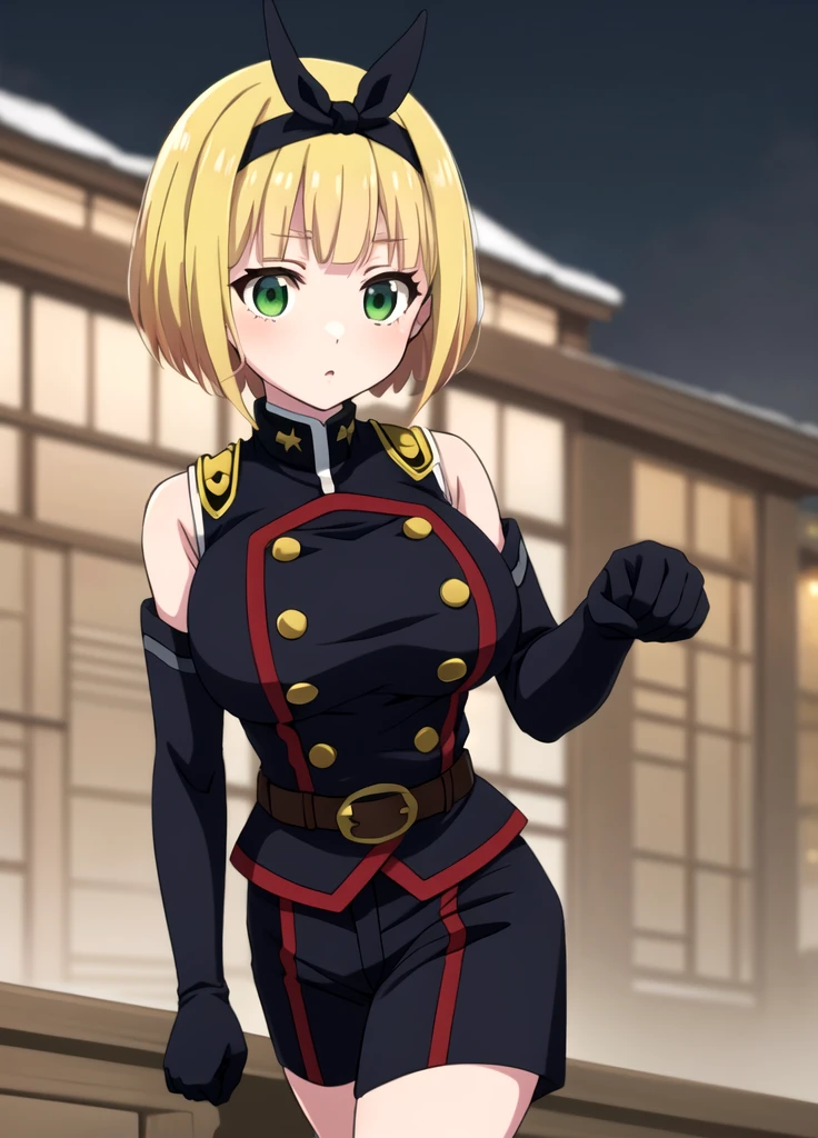 masterpiece, best quality, outdoors, Hands down, black sky background, uniform,  gloves, elbow gloves, belt, black gloves, shorts,  black shorts, Shushu Suruga, 1girl,  yellow hair, green eyes, looking at viewer, short hair, large breasts, hairband, bangs, hands down