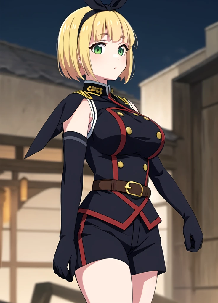 masterpiece, best quality, outdoors, Hands down, black sky background, uniform,  gloves, elbow gloves, belt, black gloves, shorts,  black shorts, Shushu Suruga, 1girl,  yellow hair, green eyes, looking at viewer, short hair, large breasts, hairband, bangs, hands down