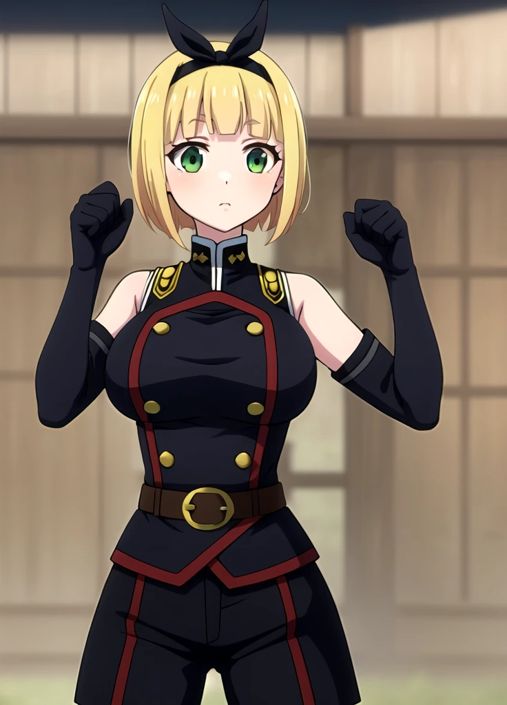 masterpiece, best quality, outdoors, Hands down, black sky background, uniform,  gloves, elbow gloves, belt, black gloves, shorts,  black shorts, Shushu Suruga, 1girl,  yellow hair, green eyes, looking at viewer, short hair, large breasts, hairband, bangs, hands down