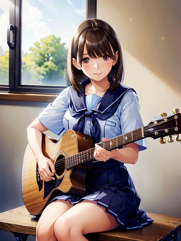 anegasaki nene、Shiny brown hair, short hair, (Beautiful brown eyes、Sparkling eyes, Fine grain)、smile、Ultra-detailed eyes、Highly detailed face, Highly detailed eyes,

Short-sleeved sailor suit、Navy blue mini pleated skirt、Very short mini skirt、Bare thighs、

One girl, high school student, , barefoot, , Beautiful attention to detail, Beautifully detailed face, Cute Face, Slightly large chest, smile,alone, alone focus, (she is playing the guitar, Electric guitar), Classroom Background, Warm lighting, empty classroom