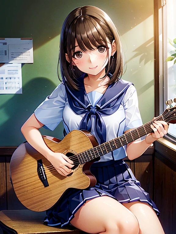 anegasaki nene、Shiny brown hair, short hair, (Beautiful brown eyes、Sparkling eyes, Fine grain)、smile、Ultra-detailed eyes、Highly detailed face, Highly detailed eyes,

Short-sleeved sailor suit、Navy blue mini pleated skirt、Very short mini skirt、Bare thighs、

One girl, high school student, , barefoot, , Beautiful attention to detail, Beautifully detailed face, Cute Face, Slightly large chest, smile,alone, alone focus, (she is playing the guitar, Electric guitar), Classroom Background, Warm lighting, empty classroom