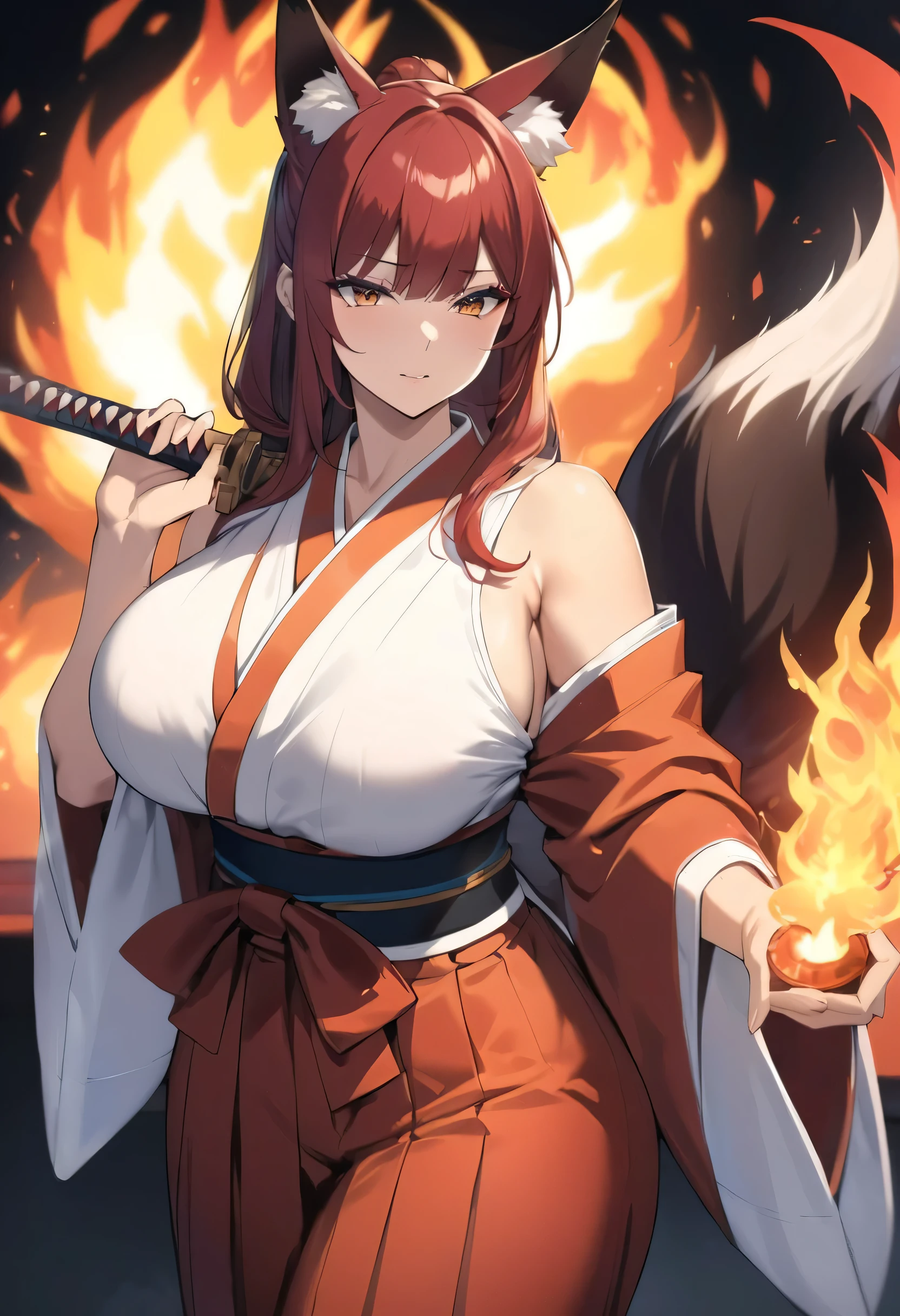 4K masterpiece High brightness crimson hair Very long ponytail Bangs down Mature woman Very large bust Huge breasts Exposed hakama Fox ears and nine fox tails of the same color as the hair Burning sword、Sword、He is wearing a five-fingered flame and is holding a Japanese sword.